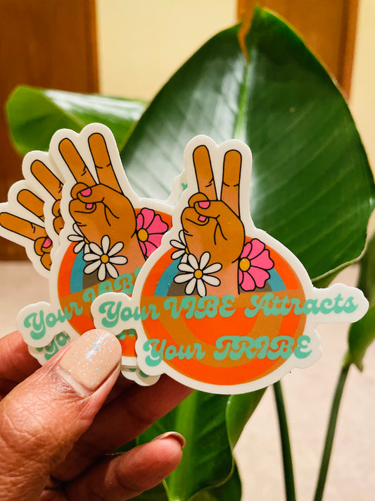 your vibe attracts your tribe vinyl sticker, peace sign graphic with flower design