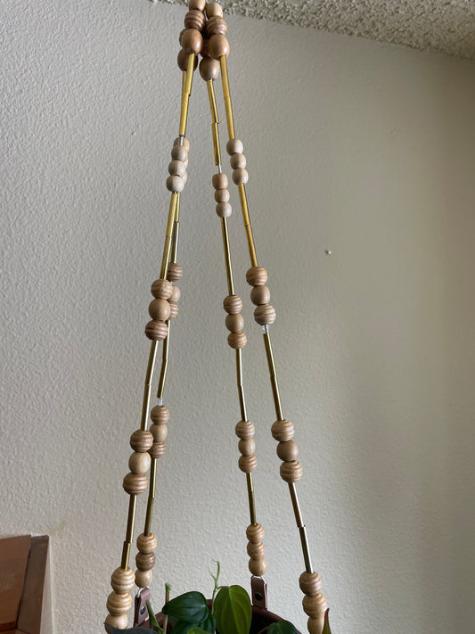 Wood and Gold Tube Beaded Plant Hanger