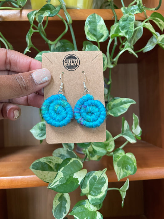 Small dangle earrings. made with rope wrapped with aqua blue yarn with nickel free hooks  Materials: acrylic yarn, rope, hot glue, nickel free hooks