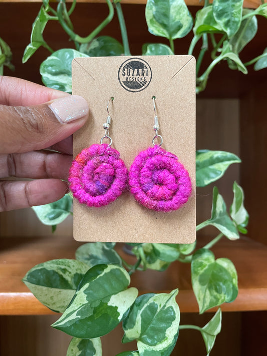 Fuschia Swirl earrings Small dangle earrings. made with rope wrapped with fuchsia yarn with nickel free hooks  Materials: acrylic yarn, rope, hot glue, nickel free hooks