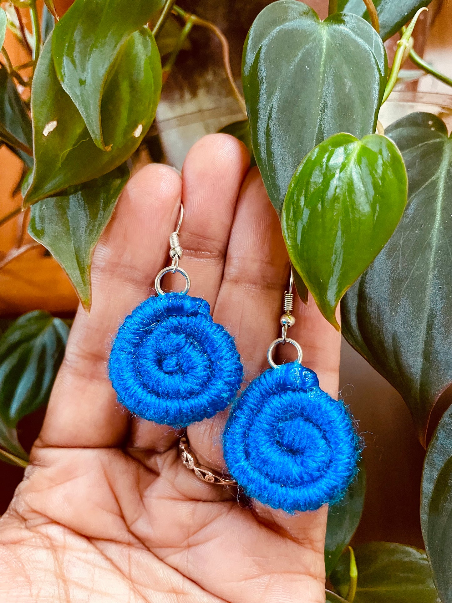 Small dangle earrings. made with rope wrapped with blue yarn with nickel free hooks  Materials: acrylic yarn, rope, hot glue, nickel free hooks