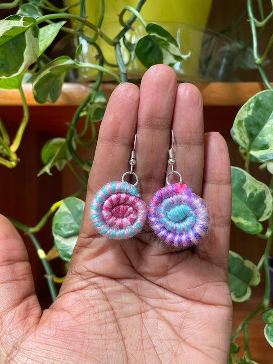 Cotton candy earrings Small dangle earrings. made with rope wrapped with pink, blue and purple yarn with nickel free hooks  Materials: acrylic yarn, rope, hot glue, nickel free hooks